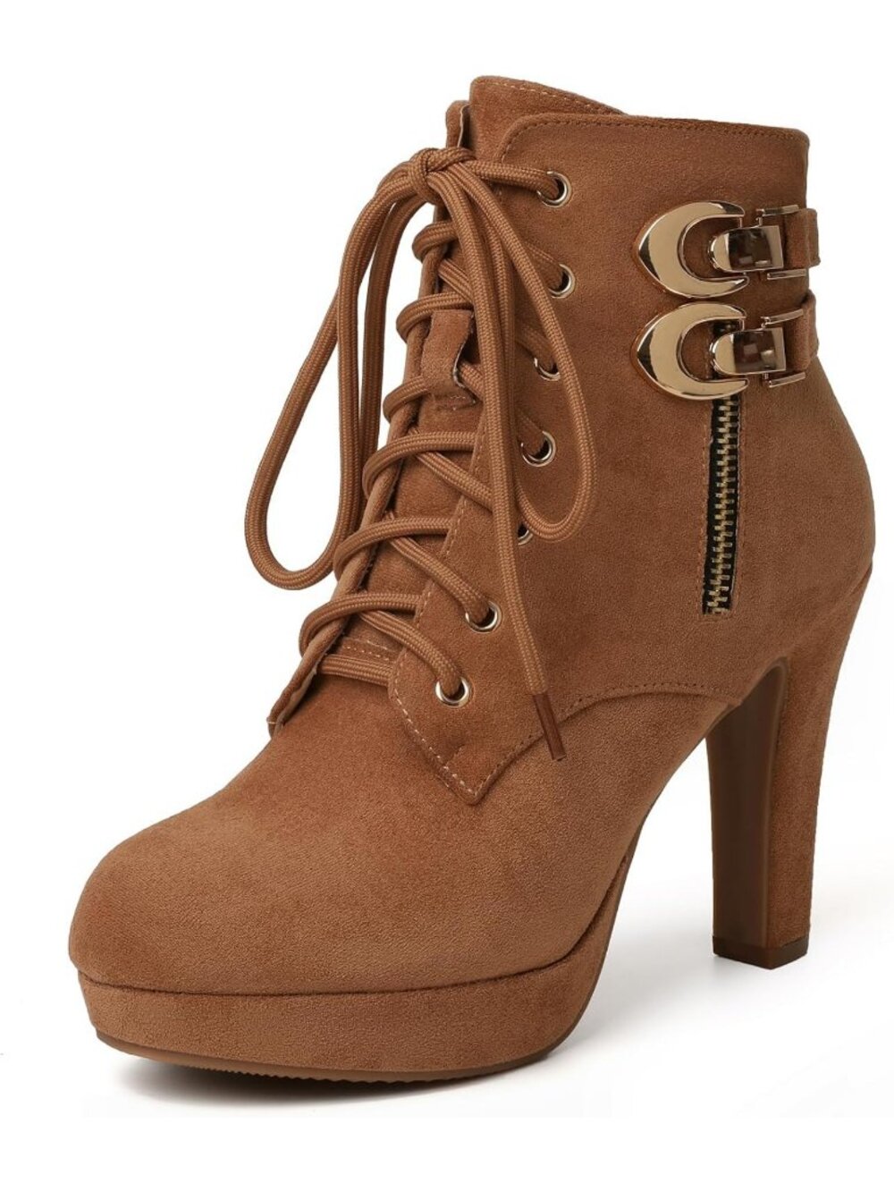 Women's Tan Platform Boot Heels Round Toe Lace UP High Heels Mid Calf Boots